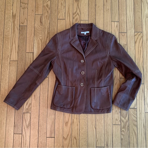 CAbi chocolate Brown leather jacket women's size 10 Blazer Stitch Detail classic - Picture 1 of 12